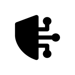 Poster - black shield shape with rounded edges and three lines connecting to circles on the right side icon d