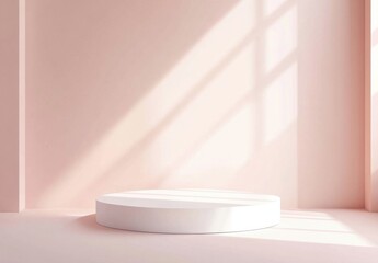 Leinwandbilder - A minimalist scene features a white cylindrical pedestal in a blush pink room, bathed in soft sunlight streaming through a window, creating a serene and elegant atmosphere. : Generative AI