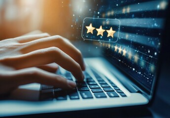 Poster - Person's hands typing on laptop keyboard with three gold stars and rating feedback appearing on screen, signifying online review and customer satisfaction. : Generative AI