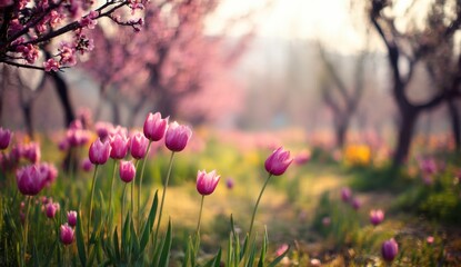 Poster - Pink tulips bloom in a sunlit orchard, surrounded by blossoming peach trees.  A gentle breeze softly moves the petals, creating a serene spring scene. : Generative AI