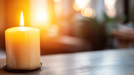 Poster - A single, lit candle sits on a wooden table, bathed in warm, golden sunlight streaming through a nearby window, creating a peaceful and serene atmosphere. : Generative AI