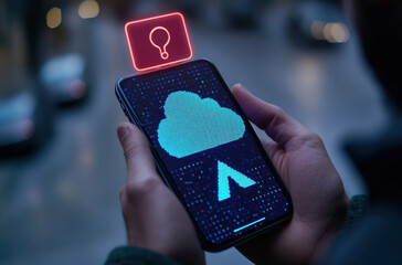 Aufkleber - Person holding smartphone displaying a digital cloud upload icon with a glowing question mark, symbolizing data transfer and online security concerns in an urban setting. : Generative AI