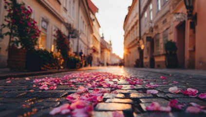 Poster - Pink rose petals scattered on a cobblestone street at sunset, creating a romantic and idyllic scene in a charming European town. : Generative AI