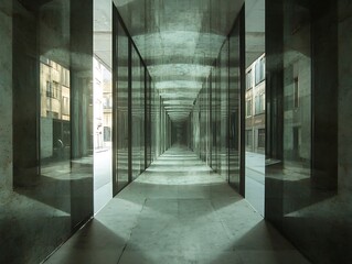 Poster - Architectural symmetry: Infinity corridor with urban landscape reflections