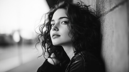 Aufkleber - A young woman with curly hair leans against a textured wall, her gaze directed away, conveying a pensive mood in a black and white portrait. : Generative AI