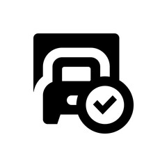 Poster - Black car icon with check mark inside a circle indicating vehicle inspection and approval status shown here