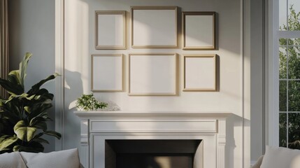 Poster - Sunlight streams into a minimalist living room, illuminating a white fireplace mantel and five empty, beige-framed pictures arranged above it. : Generative AI