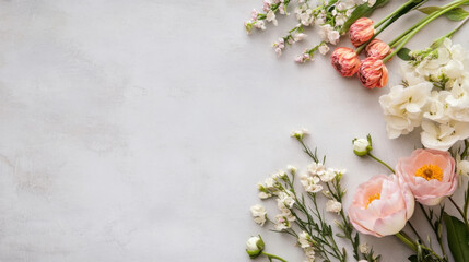 Aufkleber - Pastel pink and white flowers arranged on a light gray textured background, creating a delicate and elegant floral border with copy space. : Generative AI