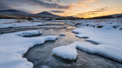 Poster - Serene winter sunset over a snow-covered river flowing through a tranquil Icelandic landscape, mountains in the background. : Generative AI