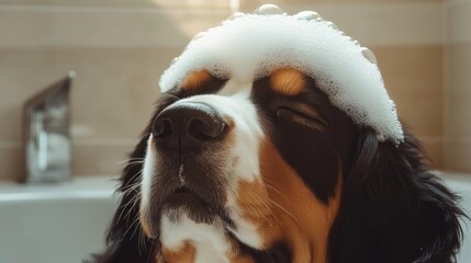 Poster - A Bernese Mountain Dog enjoys a relaxing bath, covered in fluffy white soap suds, eyes closed in contentment.  The dog's serene expression and the soft light create a peaceful scene. : Generative AI