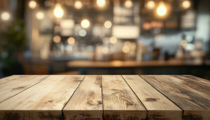Poster - Empty wooden table top in blurred cafe setting, ideal for product placement or montage showcasing food, drinks, or other items against a warm, inviting background. : Generative AI