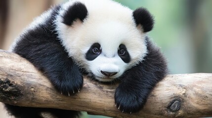 Poster - Adorable baby panda resting on a tree branch, showcasing its fluffy black and white fur, endearing expression, and tiny paws. : Generative AI