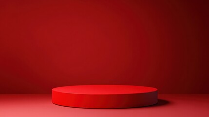 Leinwandbilder - A single, round, red pedestal sits centrally on a matching red floor against a solid red wall, creating a minimalist, monochromatic display. : Generative AI