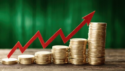 Poster - Ascending stacks of gold coins with a red upward arrow illustrating financial growth and economic prosperity. : Generative AI