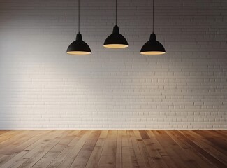 Poster - Three black pendant lights hang above a rustic wooden floor against a white brick wall, creating a minimalist interior design. : Generative AI