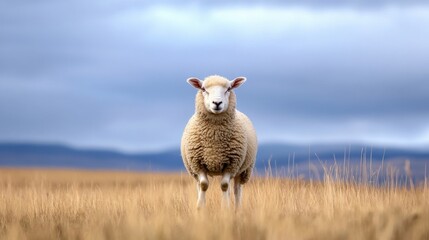 Poster - A single sheep stands in a field of tall, golden grass under a dramatic, cloudy sky, gazing directly at the camera. : Generative AI