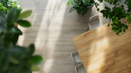 Poster - Overhead view of a minimalist office space featuring a light oak wood table, four light grey chairs, and lush green potted plants, bathed in sunlight. : Generative AI