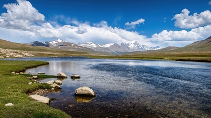 Poster - Serene river flows gently through a picturesque valley, reflecting snow-capped mountains under a vibrant blue sky with fluffy white clouds. : Generative AI