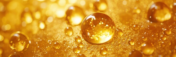 Poster - Closeup of golden oil droplets on a textured surface, reflecting light and creating a luxurious, shimmering effect.  The image evokes feelings of richness and opulence. : Generative AI