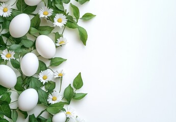 Aufkleber - White eggs and daisies arranged on a white background, creating a spring or easter border design with copy space. : Generative AI