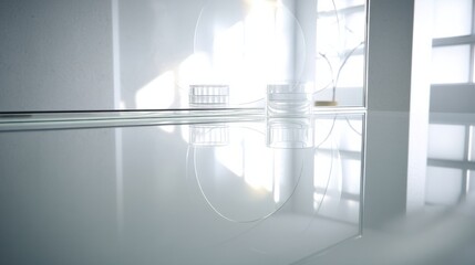 Leinwandbilder - Two clear glass containers sit on a reflective surface, reflecting light and creating a minimalist, modern aesthetic. The scene is bright and airy, with soft shadows and a clean, simpl : Generative AI