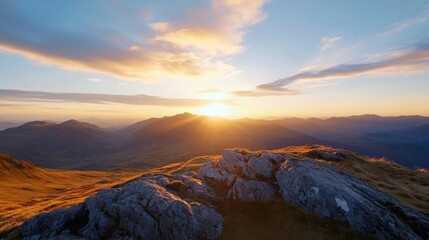 Poster - Golden sunset illuminates a rocky mountain peak overlooking a vast, tranquil valley bathed in the warm hues of twilight, creating a breathtaking landscape. : Generative AI