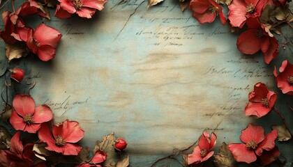 Poster - Rustic Floral Frame with Red Flowers on Weathered Wooden Background