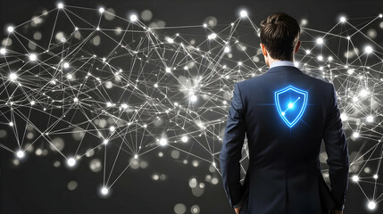 Poster - Man in suit, back view, facing complex network, glowing security shield on his back