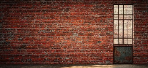 Poster - Rustic Red Brick Wall with Aged Window and Door