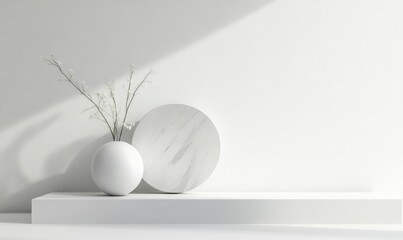 Leinwandbilder - Minimalist white interior scene with a spherical vase, delicate white flowers, and a round marble platter on a clean white shelf. : Generative AI