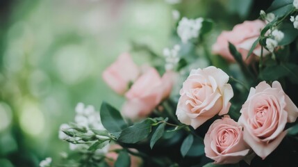Poster - Closeup of delicate blush pink roses in a lush green bouquet, soft focus background, romantic floral arrangement. : Generative AI