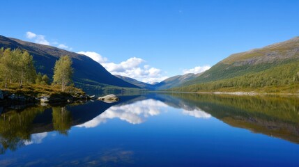 Poster - Serene mountain lake reflecting a clear blue sky and lush green hillsides, creating a picturesque and tranquil landscape. : Generative AI