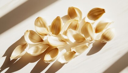 Poster - Scattered Pale Seed Shells in Sunlight on White Background