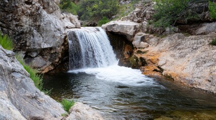 Leinwandbilder - Serene waterfall cascading over rocky terrain into a tranquil pool, surrounded by lush greenery and sunlight dappling through the trees. : Generative AI