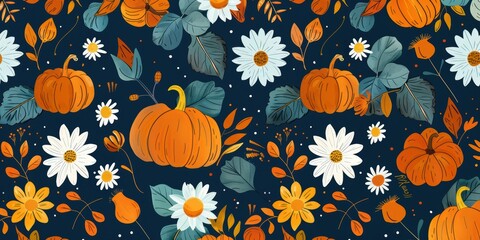 Aufkleber - Seamless Autumn Pattern with Pumpkins and Daisies