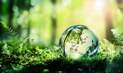 Poster - Crystal globe reflecting lush green forest, symbolizing environmental conservation and the interconnectedness of nature. : Generative AI