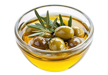 Poster - A glass bowl filled with green olives submerged in golden olive oil, garnished with a sprig of fresh rosemary. : Generative AI