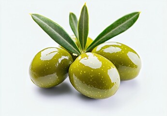 Aufkleber - Closeup of three glossy green olives with olive branch, isolated on white background.  Perfect for culinary, healthy food, or Mediterranean themes. : Generative AI
