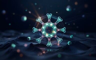 Poster - This glowing, bioluminescent virus illustration features a translucent spherical core with radiant spikes, set against a dark, fluid-like background.