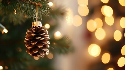 Poster - A single, gold-painted pine cone ornament hangs delicately from a Christmas tree branch, softly illuminated by warm, bokeh lights in the background. : Generative AI