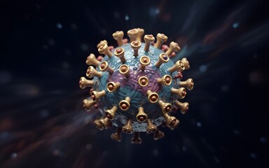 Poster - 3D illustration depicts a complex virus structure with a vibrant, spherical core covered in multicolored spikes and surface proteins, set against a deep, cosmic background.