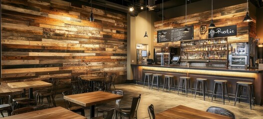 Aufkleber - Rustic bar interior with reclaimed wood wall, wooden tables, and metal stools.  A warm, inviting atmosphere perfect for socializing and enjoying drinks. : Generative AI