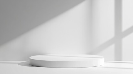 Aufkleber - Minimalist white cylindrical platform showcased against a bright wall, bathed in soft sunlight streaming through a window, creating a serene and elegant display. : Generative AI