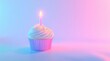 © Generative AI - Single cupcake with lit candle, pastel pink and blue gradient background.  Perfect for birthday celebrations or sweet treat imagery. : Generative AI