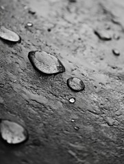 Poster - Close-up view of water droplets on a dark, textured surface, showcasing the interplay of light and shadow, highlighting the spherical shape and reflective qualities of the water beads. : Generative AI