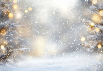Poster - Snowy winter scene with illuminated pine branches and bokeh lights, creating a magical, festive atmosphere perfect for holiday cards or winter-themed designs. : Generative AI