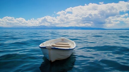 Aufkleber - A small white rowboat floats serenely on a calm, deep blue lake, mountains and a partly cloudy sky forming a picturesque backdrop. : Generative AI