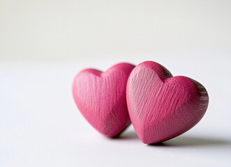 Poster - Two crimson wooden hearts rest gently together on a pristine white surface, symbolizing love, romance, and Valentine's Day. : Generative AI