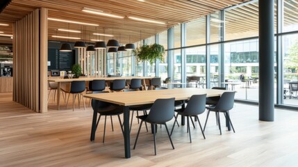 Poster - Modern office break room with light wood floors, large windows, and black chairs around a light wood table.  A coffee bar is visible in the background. : Generative AI