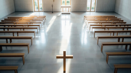 Poster - Empty modern church interior with wooden benches and a cross, bathed in sunlight streaming through large windows. : Generative AI